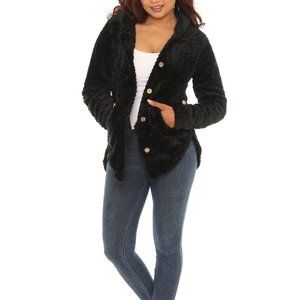 Textured Plush Button-Up Hoodie With Pocket